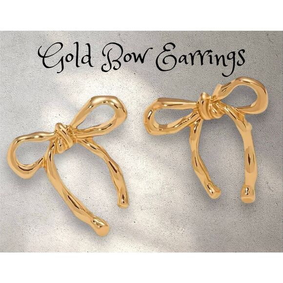 NWT14K Gold Stainless Steel Bowknot Ribbon Stud Earrings - Picture 1 of 5